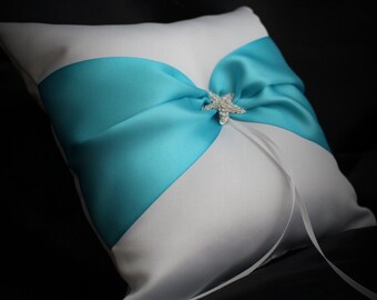 Beach Wedding-Ivory or White Ring Pillow- Light Turquoise (Misty Turquoise) Ribbon Rhinestone Starfish Accent-Age to 5