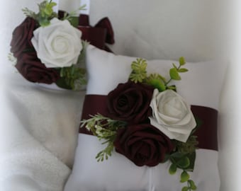 Ivory/White Satin Flower Girl Basket/Ring Pillow-Burgundy Satin Ribbons/Burgundy and White or Ivory Faux Roses-Greenery 3 Size Bskts