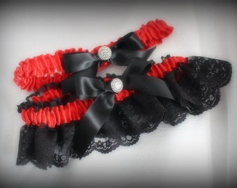 Black Lace and Red Satin Garter Set