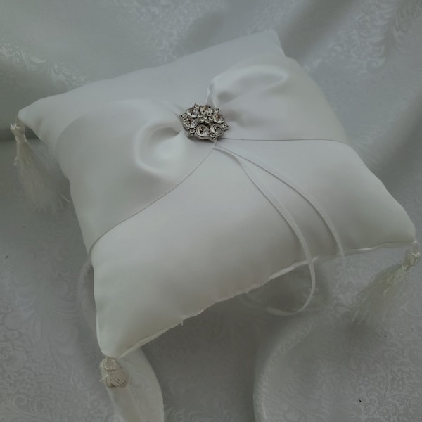 White Ring Bearer Pillow-White Satin Sash with 1" Rhinestone Bling and Tassels-Smaller Size-READY TO SHIP