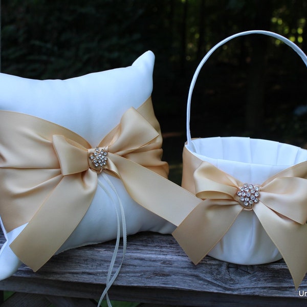 Ivory/White Flower Girl Basket/Ring Pillow-Champagne,Gold,Raw Silk Satin Ribbons -Bling-Custom Ribbon Colors- U-Pick Pcs-Up to Age 5