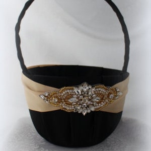 Larger -Black/White/Ivory Flower Girl Basket with Champagne/Raw Silk Satin Ribbon and Gold Rhinestone and Pearl Applique-Age7+
