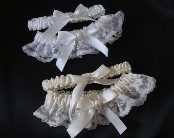 Ivory or White Satin and Ivory or White Lace Garter Set-Includes Toss Garter- Pearl and Rhinestone Accent-U Pick Garter Style Needed