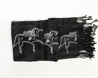 SIlk Blend Printed Folk Unicorn Scarf Black/Silver