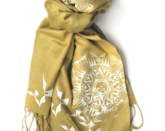 Silk Blend Native Bats Hand-Printed Scarf Chartreuse/White