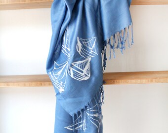 Silk Blend Sailboat Hand-Printed Scarf