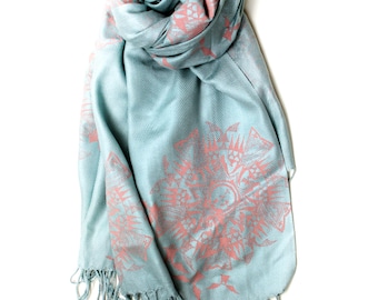 Silk Blend Native Bats Hand-Printed Scarf Blue/Rose