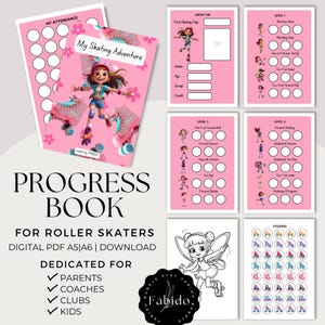Puede incluir: Un libro de progreso de patinaje sobre ruedas rosa con el título "My Skating Adventure" y el texto "Progress Book For Roller Skaters". Incluye páginas para la asistencia, los niveles de habilidad y pegatinas.
