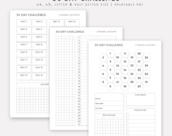 Desafío de 30 días imprimible: Registro de hábitos, Planificador de objetivos (tamaños A4/A5/Carta) (PDF)