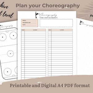 Op de afbeelding: Een set afdrukbare danschoreografie-planningsvellen. De vellen bevatten secties voor muziek, programmatijd en datum, samen met ruimte voor tijd en elementen. De tekst "Plan your Choreography" en "Choreography Time and Elements" zijn zichtbaar.
