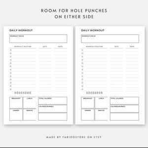 May include: Two-page white workout planner with black text. Each page has sections for daily workout details, including workout focus, routine, sets, and reps. Includes space for meal tracking and calorie information. Text at the top reads "ROOM FOR HOLE PUNCHES ON EITHER SIDE."