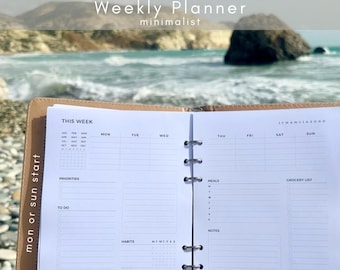 Planificador semanal minimalista A5 imprimible / Descarga digital PDF / Organizador sin fecha, inicio lunes o domingo, Inserto de planificador