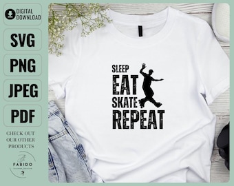 Diseño de camiseta con el logo de patinaje sobre ruedas SVG: "Dormir, comer, patinar, repetir" (descarga digital)