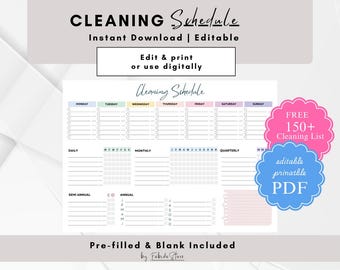 Planificador de limpieza editable: Tabla de tareas del hogar (Descarga digital)