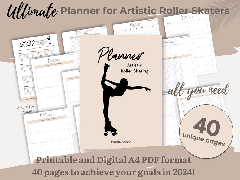 Digital/Printable Planner for Artistic Roller Skaters, Progress track for roller skater, Artistic Skating Journal, 12 month, Skating Gifts image 1