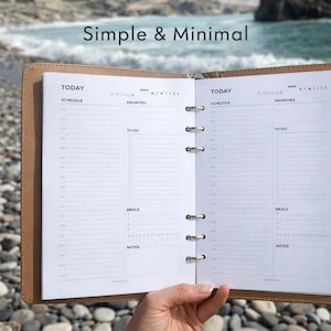 Planejador diário imprimível - Inserções minimalistas, cronograma por hora, agenda diária (tamanho A5, PDF)