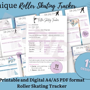 May include: A printable and digital roller skating tracker in A4/A5 PDF format. The tracker includes sections for goals, affirmations, moves and tricks, progress, glossary, water balance, and notes. The design features a pink and purple colour scheme with a roller skate illustration.
