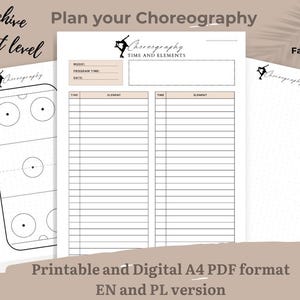 Könnte beinhalten: Ein Satz druckbarer und digitaler A4 PDF Choreografie-Planungsbögen. Die Bögen enthalten Abschnitte für Musik, Programmzeit, Datum, Zeit und Elemente. Der Text "Planen Sie Ihre Choreografie" steht oben. Auf Englisch und Polnisch.