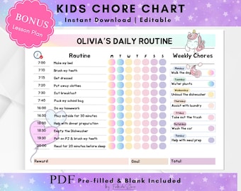 Tabla de tareas para niños editable: Rutina diaria de unicornio (Descargar PDF)