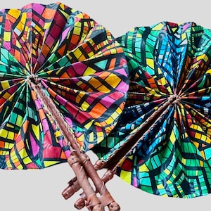 African Ankara Kaleidoscope Fabric Fan leather fold-up fan Sandoodles