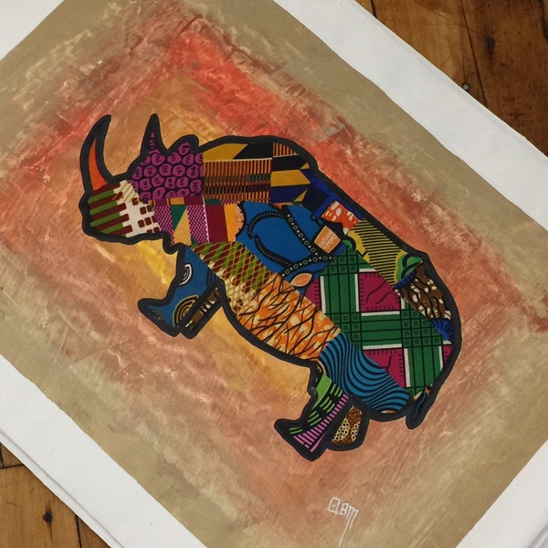 African Rhino Art Rhinoceros Art Mixed Media African Art Fabric Art Ankara Fabrics