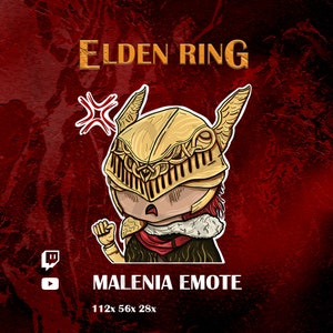 Puede incluir: Una ilustración digital de un personaje del videojuego Elden Ring. El personaje lleva un casco dorado con alas y una bufanda roja. El personaje tiene una expresión de enfado. El texto "Malenia Emote" está debajo del personaje. El texto "112x 56x 28x" está debajo del texto "Malenia Emote".