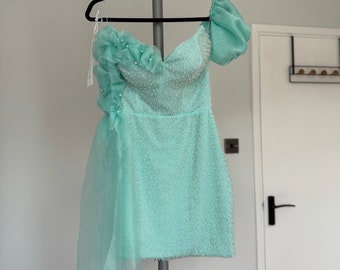 Turquoise pearl beaded mini dress with drape with one detachable sleeve