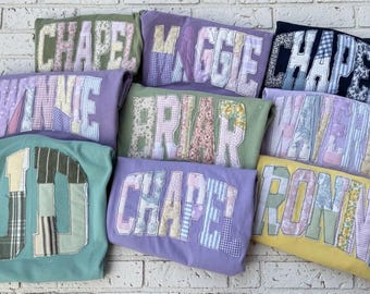Custom Patchwork Appliqué Name Tee – Personalized Quilted Toddler Shirt – Boho Cottagecore Style