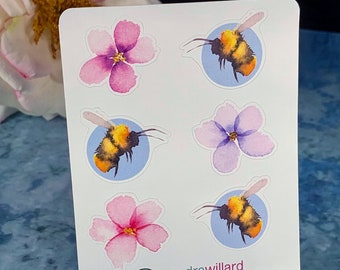 Bumble Bees and Watercolor Flowers stickers for decoration or envelope seals