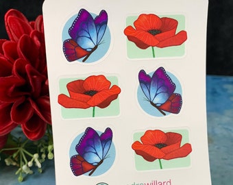 Butterfly and Poppy stickers for decoration or envelope seals
