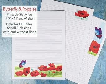 Butterfly and Poppies Stationery for Letter Writing Instant Digital Download