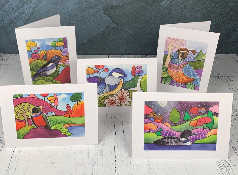 Bird Illustration Blank Greeting Cards Set of 5 image 1