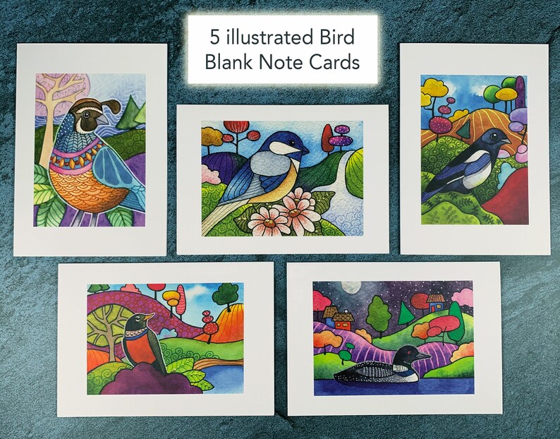Bird Illustration Blank Greeting Cards Set of 5 image 2