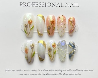Spring Wearable Artificial Press on Nails Handmade Fake Nails Gradient Color Reusable, Fake Nails Acrylic Nail Tips Y2k, Gift For Her