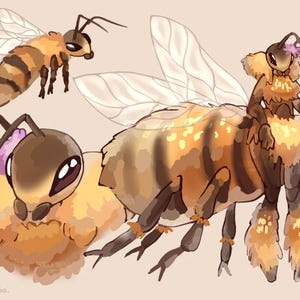 May include: A digital illustration featuring three bee-themed characters in shades of brown, gold, and cream. One is a realistic bee, another is a close-up headshot, and the third is an anthropomorphic bee figure with fuzzy textures.