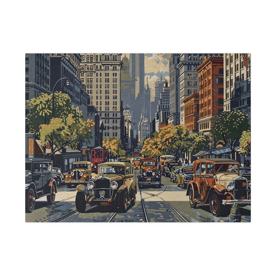 1920s Vintage New York Cityscape Canvas, Antique Car & Urban Life ...