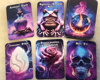 May include: A set of 10 tarot cards with purple and black backgrounds. Each card features a different image, including a potion bottle, a frog, a skull, a rose, and a glowing egg. The cards have text on them, such as "Evolution - Espoir", "Hypocrisie - Mensonge Secret", "Naissance - Projet", "Pensees positives Contemplation", and "Mort - Fin".