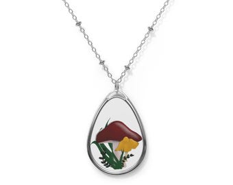 Mushroom Illustration Oval Necklace