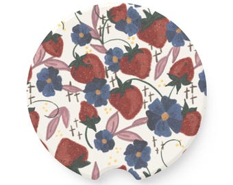 Strawberries and Blue Flowers Car Coaster