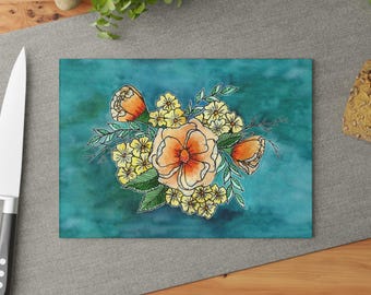 Orange Floral Glass Cutting Board