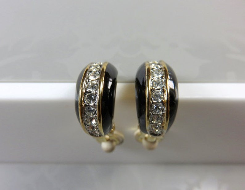 SJK Vintage 1980/'s Black Enamel D/'Orlan and Rhinestone Clip On Earrings Nina Ricci Half Hoop Signed Gold Plated