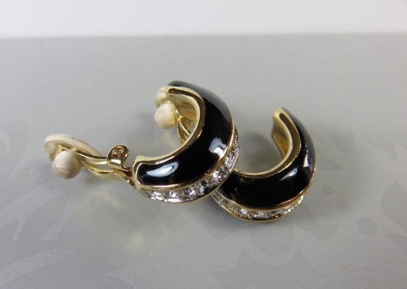 SJK Vintage 1980/'s Black Enamel D/'Orlan and Rhinestone Clip On Earrings Nina Ricci Half Hoop Signed Gold Plated