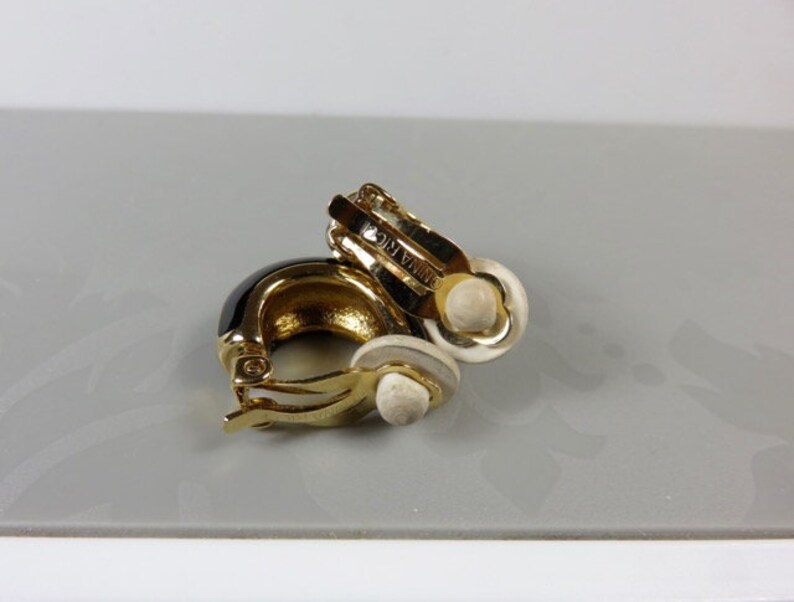 SJK Vintage 1980/'s Black Enamel D/'Orlan and Rhinestone Clip On Earrings Nina Ricci Half Hoop Signed Gold Plated