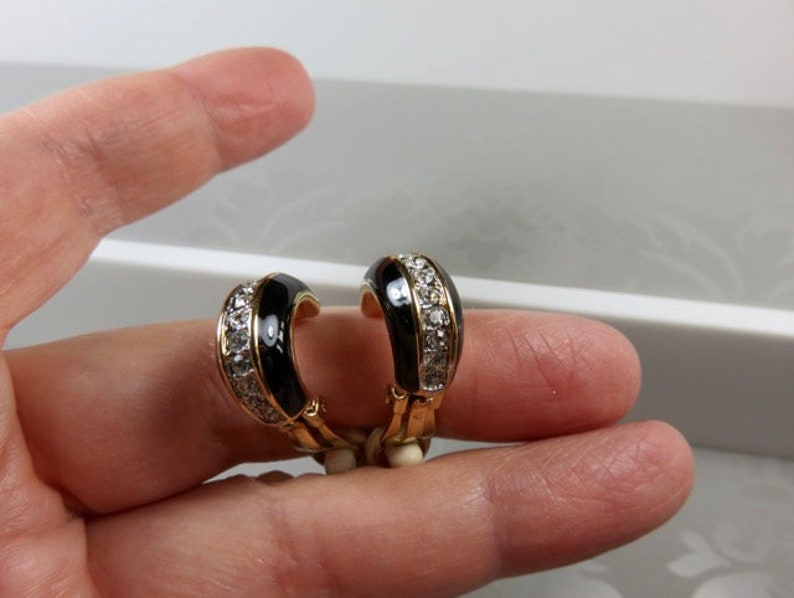 SJK Vintage 1980/'s Black Enamel D/'Orlan and Rhinestone Clip On Earrings Nina Ricci Half Hoop Signed Gold Plated