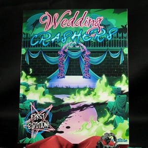 May include: A board game set with the title "Wedding Crashers" on the box. The set includes dice, figurines, and a leather pouch. The box art features a neon-style wedding scene with green flames.