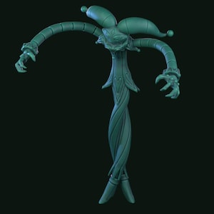 Puede incluir: Una figura de bufón antropomórfico retorcido de color verde azulado con un sombrero puntiagudo y brazos largos y delgados. La figura tiene una expresión caprichosa, casi amenazante.