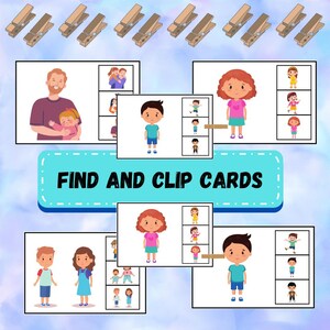 May include: A set of colorful printable find and clip cards featuring cartoon illustrations of people. The cards have the text "FIND AND CLIP CARDS" at the top.