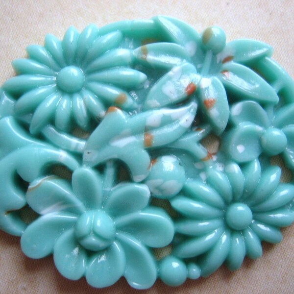 vintage Japanese cab (1) large  1940s turquoise glass pierced carved stone