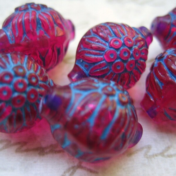 Vintage carved plastic floral focal raspberry pink blue awesome - lot of 4