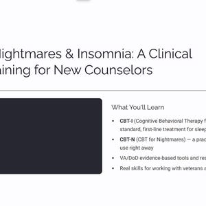 May include: A white informational flyer titled CBT for Nightmares & Insomnia: A Clinical Training for New Counselors, featuring a yellow crescent moon and stars icon. It lists learning objectives including CBT-I, CBT-N, VA/DoD tools, and trauma skills.